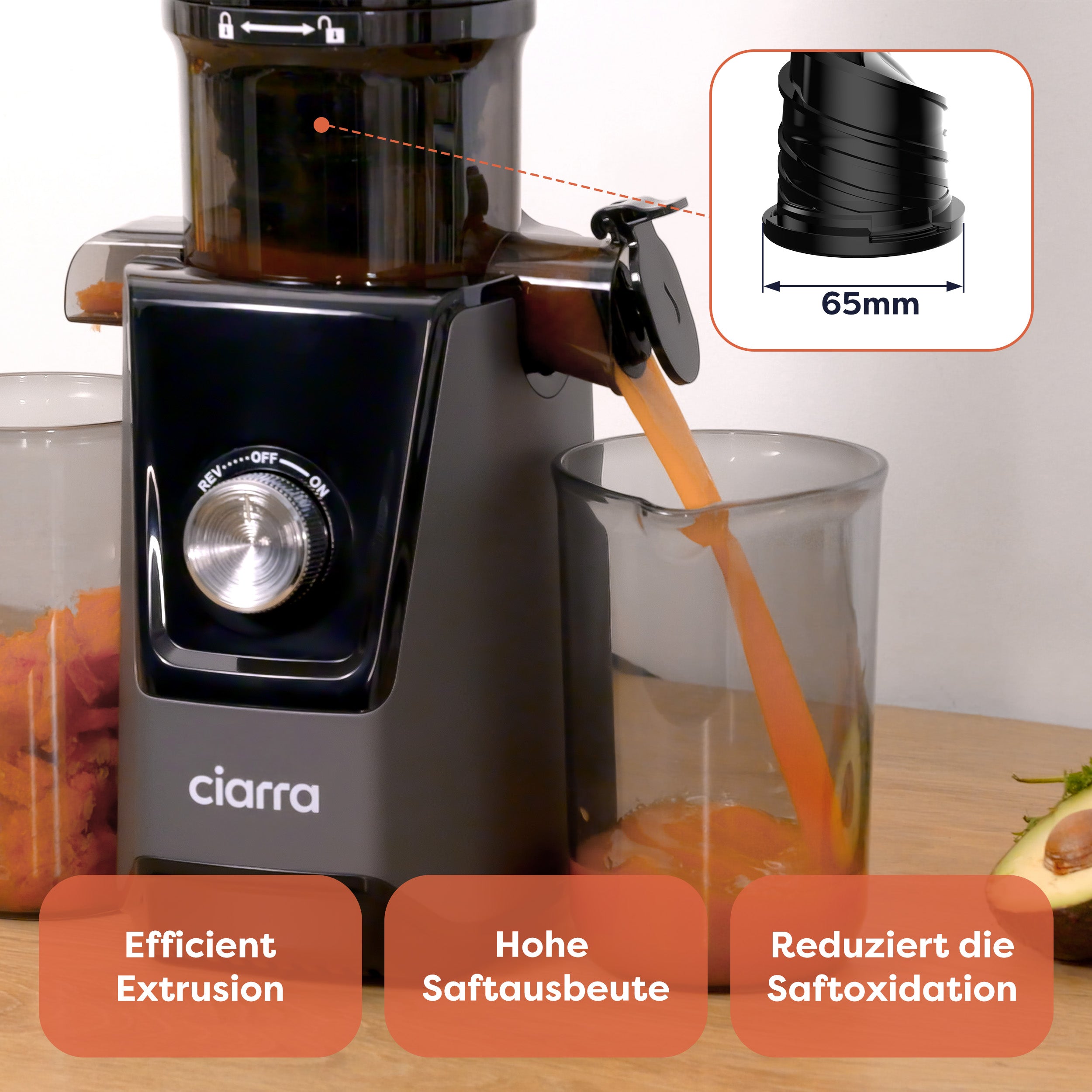 Gadgets Hocheffizienter Slow Juicer, 200W Kaltpress-Entsafter mit 10,8 cm großer Einfüllöffnung für ganzes Obst und Gemüse