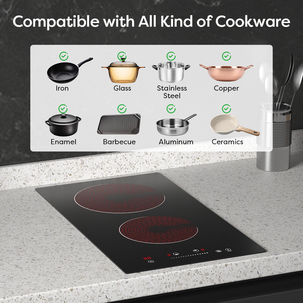 Gadgets Glass Ceramic Hob 2 Zone, 3000W Electric Countertop Burner, 9 Power Levels, Sensitive Touch Control, Black Crystal Glass Cooktop, Universal Cookware Compatibility, Safe & Easy to Clean