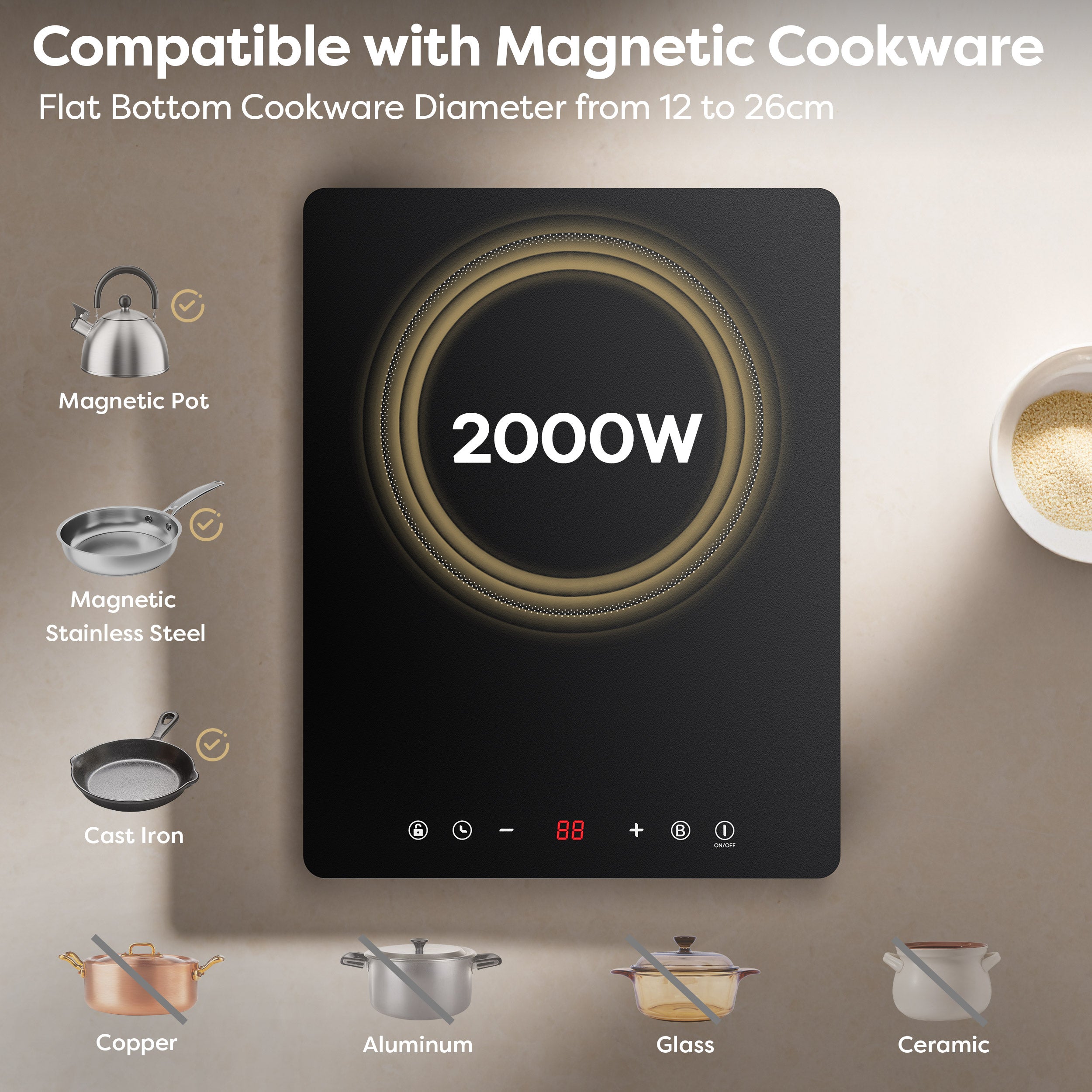 CDV 2000W Compact Portable Induction Hob with Boost Function, Single Plate Induction Cooker, 9 Power Levels, Timer