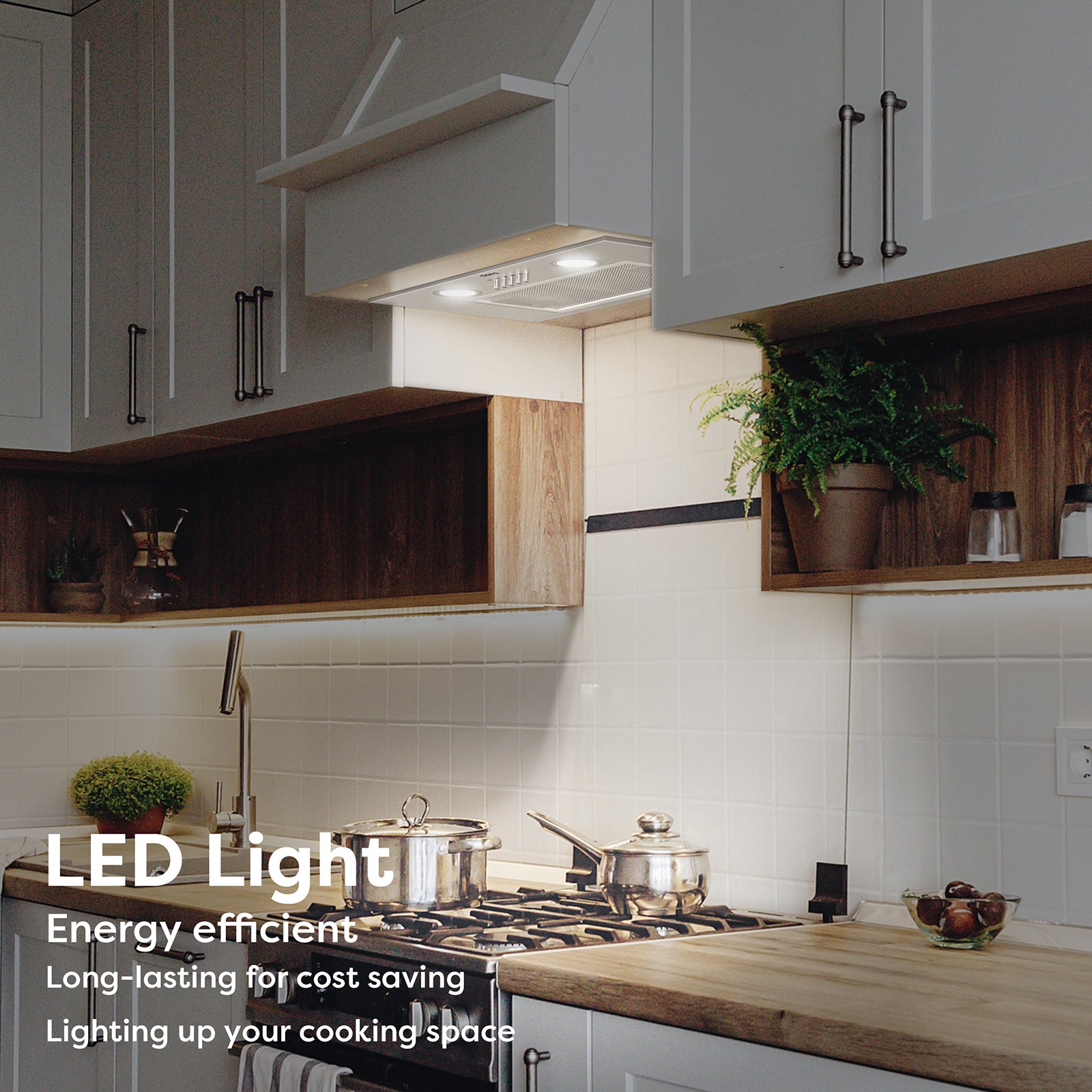 Gadgets 20 Inch Built-In Range Hood Insert, 650 CFM Ducted/Ductless Under Cabinet Vent Hood, Stainless Steel, 3-Speed Exhaust Fan, Push Button Control, LED Lighting - Silver