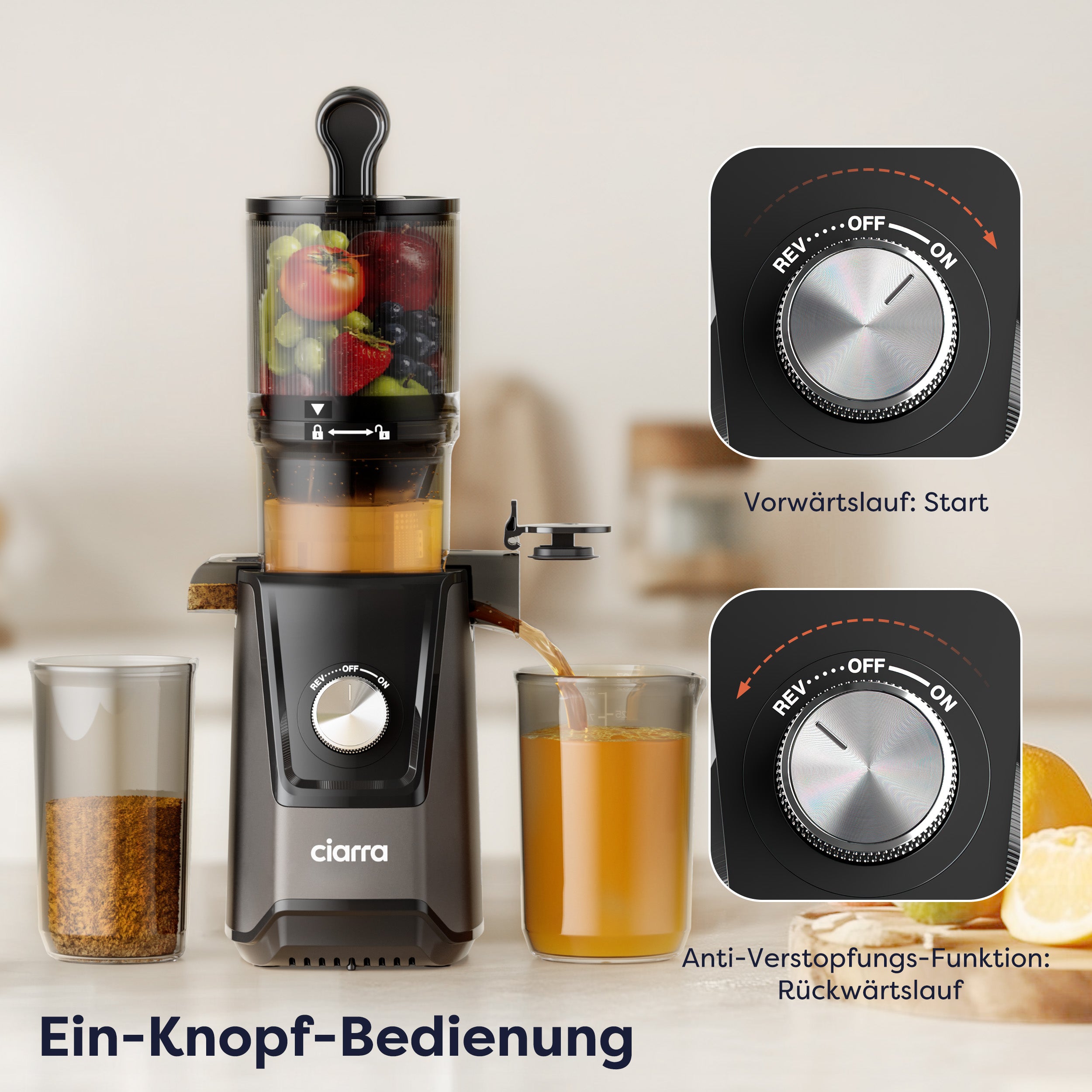 Gadgets Hocheffizienter Slow Juicer, 200W Kaltpress-Entsafter mit 10,8 cm großer Einfüllöffnung für ganzes Obst und Gemüse