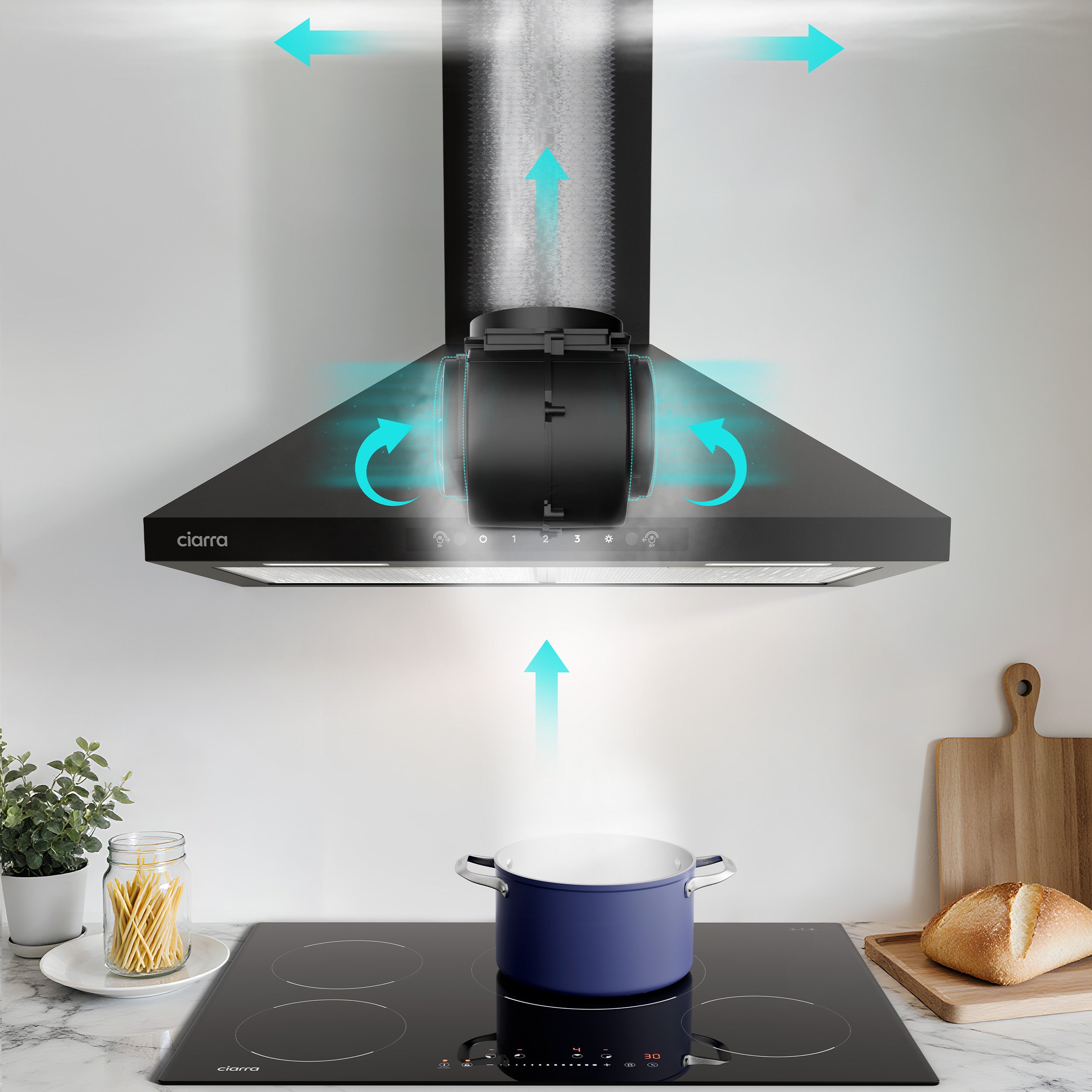 Gadgets 30 Inch Black Wall Mount Range Hood, 650 CFM, Quiet Ventilation with Wave Gesture & Touch Control, LED Lighting, Ducted/Ductless, Energy Efficient